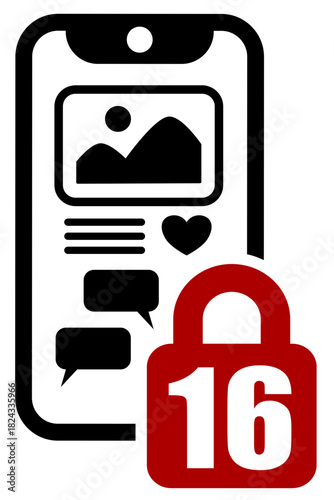 Social Media Verbot bis 16 Jahre Icon – Altersbeschränkung, Jugendschutz, Gesperrtes Profil, Digitaler Schutz, Warnsymbol