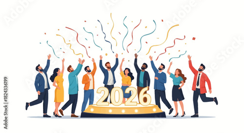 Diverse group celebrating 2026 milestone with colorful confetti in modern flat design vector art.