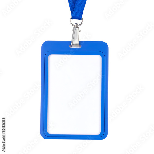 Empty blue ID card holder with matching lanyard, meticulously isolated on a pristine white background, offering a minimalist presentation for personalized badges or access cards