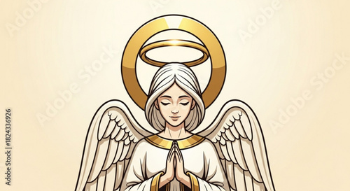 Beautiful cartoon illustration of a serene angel with white wings and a golden halo praying with closed eyes against a light background