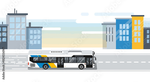 A modern city bus with a white blue and yellow livery depicted in a flat vector illustration style.