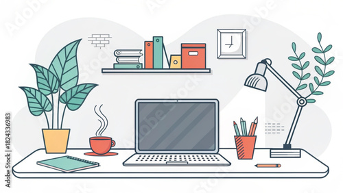 Modern workspace illustration with laptop, coffee, and plant, perfect for blog posts, presentations, and creative projects to inspire productivity and success