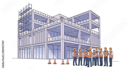 Group of Construction Workers in Orange Vests and Yellow Hard Hats.