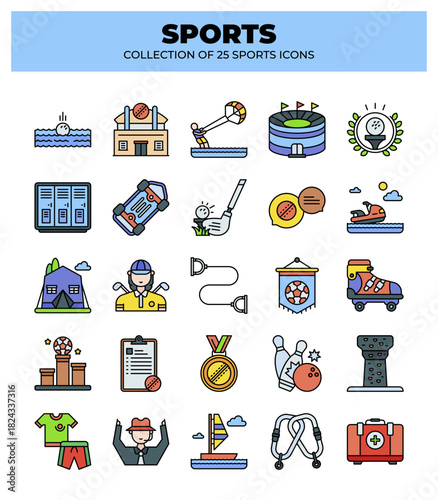 Collection of 25 Sports Icons. Sport Equipment. Game. Activity. and Award Icons