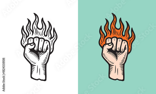 A clenched human fist surrounded by rising flames, illustrated with bold lines and strong detailing.