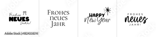 “‘Frohes neues Jahr’ & ‘Happy New Year’ in calligraphy / hand-lettered script; all letters individually selectable. Includes year numbers for free placement.”
