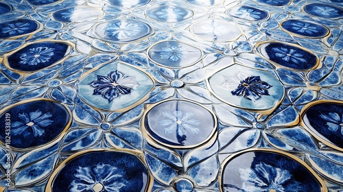 Intricate blue and white patterned ceramic tiles creating a beautiful and reflective decorative surface