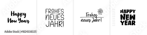 “‘Frohes neues Jahr’ & ‘Happy New Year’ in calligraphy / hand-lettered script; all letters individually selectable. Includes year numbers for free placement.”