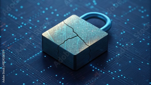 Cracked Padlock on Digital Circuit Background Illustrating Security Issues