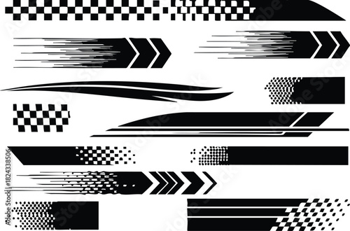 Set of black and white racing stripes graphics for vehicle decoration and customization