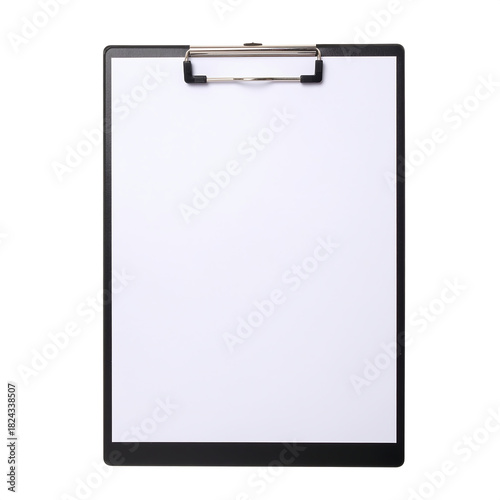 Black office clipboard with a blank white sheet of paper clipped on, isolated on a clean white background
