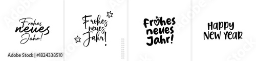 “‘Frohes neues Jahr’ & ‘Happy New Year’ in calligraphy / hand-lettered script; all letters individually selectable. Includes year numbers for free placement.”