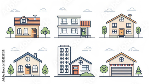 Explore modern home designs with these cute architectural illustrations, perfect for real estate marketing, town planning, and community development concepts