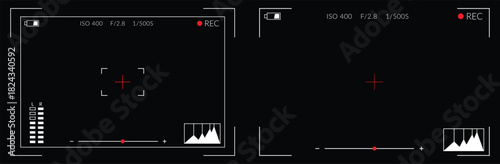Video camera viewfinder. Camera Overlay or View Finder Interface Overlay. Camera display full hd format. Video filming screen vector template on black background.