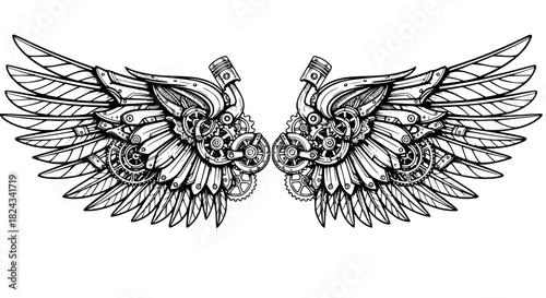 Mechanical steampunk wings, black and white vector, gears and metallic patterns, isolated, intricate linework