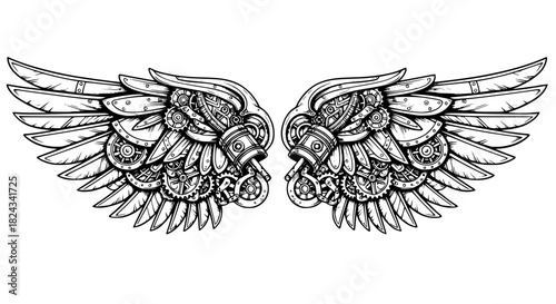 Mechanical steampunk wings, black and white vector, gears and metallic patterns, isolated, intricate linework