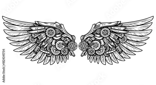 Mechanical steampunk wings, black and white vector, gears and metallic patterns, isolated, intricate linework