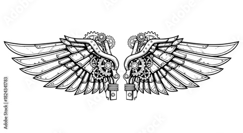 Mechanical steampunk wings, black and white vector, gears and metallic patterns, isolated, intricate linework