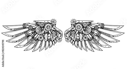 Mechanical steampunk wings, black and white vector, gears and metallic patterns, isolated, intricate linework