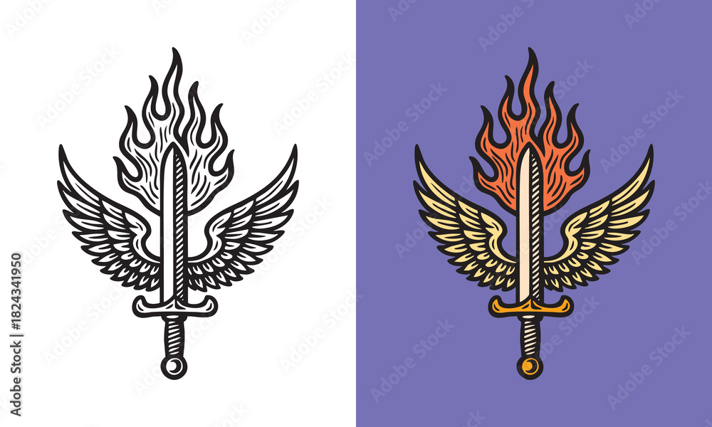 Obraz premium Flaming sword with angel wings, bold line art style, powerful fantasy emblem illustration.
