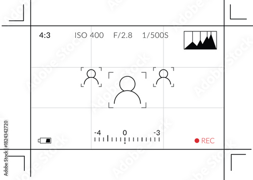 8k video camera Vector frame viewfinder overlay screen with subject focusing. Video or photo camera digital displays with zoom, record, Battery and chart indicators on white background.