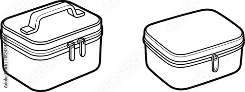 Isometric Outline of a Box Cosmetic Bag with Handle and Plain Toiletry Pouch, Travel Storage Case with Zipper, Black and White Vector Illustration on White Background