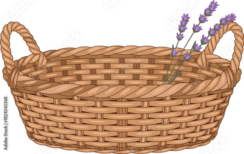 Hand Drawn Wicker Basket Full of Aromatic Fresh Lavender Flowers, Rustic Woven Willow Hamper, Decorative Container with Handle, Isolated Vector Illustration on White Background