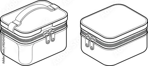 Isometric Outline of a Box Cosmetic Bag with Handle and Plain Toiletry Pouch, Travel Storage Case with Zipper, Black and White Vector Illustration on White Background