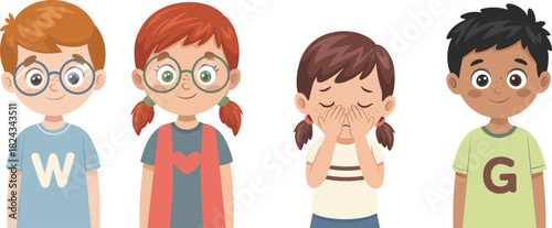 Set of Diverse School Children Portraits, Showing Different Emotions, Sad Crying Girl and Three Smiling Kids, Childhood and Emotional Development Vector Illustration