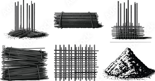 Set of Construction Rebar Arrangements, Steel Reinforcement Bars and Sand Pile, Building Materials for Foundation and Concrete Work, Engineering Vector IllustrationSet of Construction Rebar Arrangemen