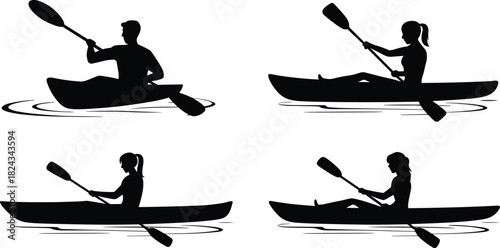 Set of four black silhouette vector illustrations of a man and woman paddling kayaks on the water, representing canoeing, kayaking sport, outdoor activity, summer recreation, adventure, and water leis