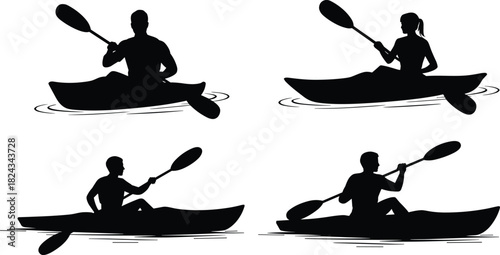 Set of four black silhouette vector illustrations showing a man and a woman paddling kayaks in different positions on the water, representing canoeing, summer water sport, outdoor recreation, and adve