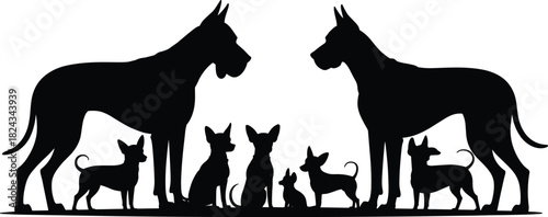 Black Silhouette Set of Dogs, Large Great Danes and Small Chihuahua Breeds, Comparing Giant and Toy Dog Size, Animal Pet Vector Illustration on White Background