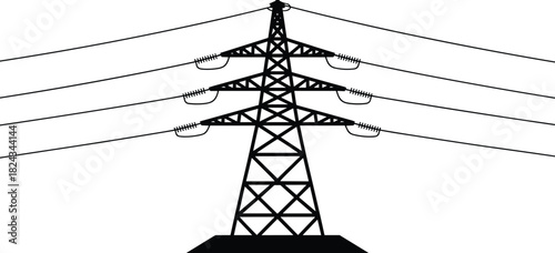 Black silhouette vector illustration of a high-voltage power transmission tower or electricity pylon with insulators and thick cables, symbolizing energy, electrical supply, power grid, and industrial