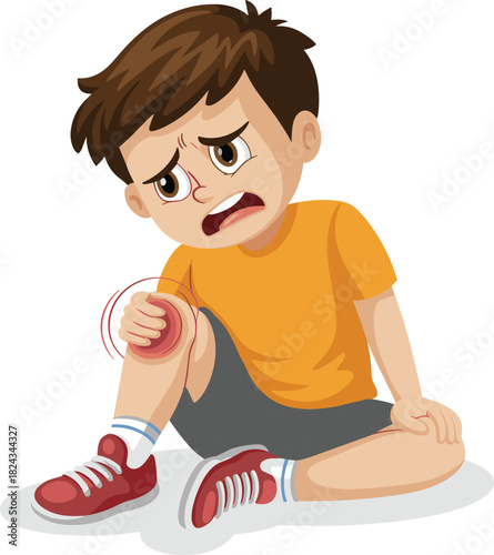 Cartoon vector illustration of an upset young boy sitting and clutching his injured knee, featuring a red concentric circle indicating acute pain, symbolizing physical injury, childhood accident, and 