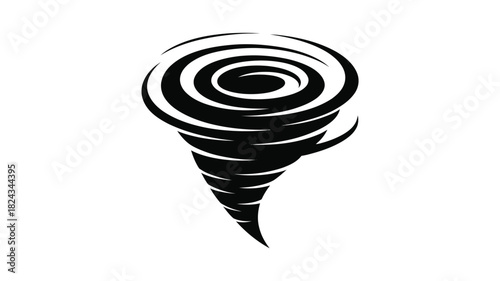 Stylized black and white illustration of a powerful tornado swirling with a textured effect