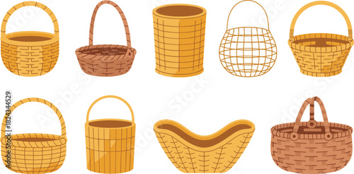 Collection of eight woven basket vector illustrations in various shapes, including picnic, harvest, and storage styles, representing natural crafts, handmade containers, food gathering, and rustic hom