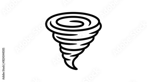 Stylized black and white line art illustration of a powerful swirling tornado vortex