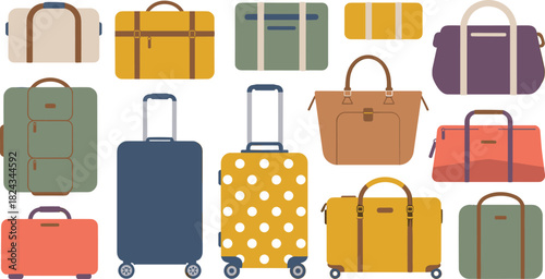 Colorful flat vector set of fourteen different travel luggage pieces, including rolling suitcases, duffel bags, and various travel cases, illustrating vacation, international travel, transportation, a