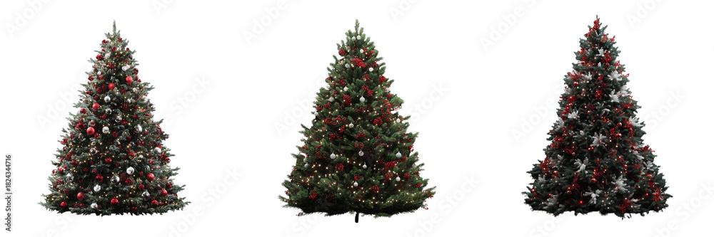 Fototapeta premium Three Decorated Christmas Trees isolated on a transparent background