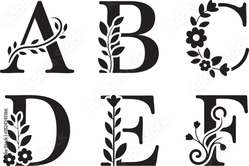 Black Monogram Letters A B C D E F Decorated With Floral Vines and Flowers vector