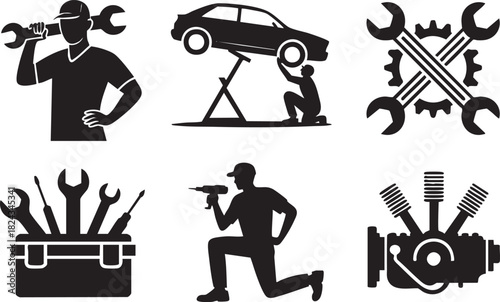 Black silhouette icons of car mechanic tools and engine parts wrench