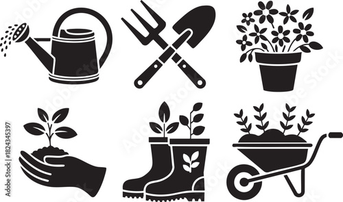 Black silhouette icons of gardening tools and plants on white background watering shovel