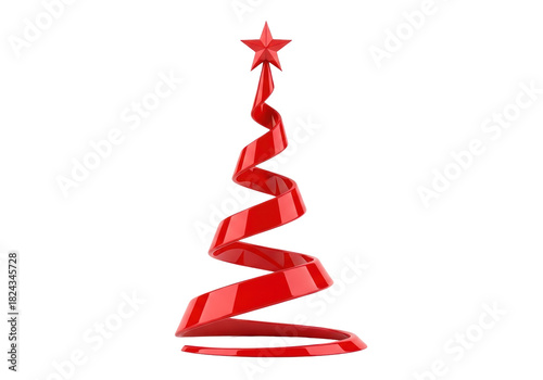 Red spiral Christmas tree with star isolated PNG, modern holiday decoration on transparent background for festive design and greeting cards