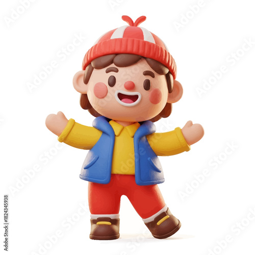 Adorable 3D rendered cartoon boy character in cozy winter clothes with a cheerful expression and open arms