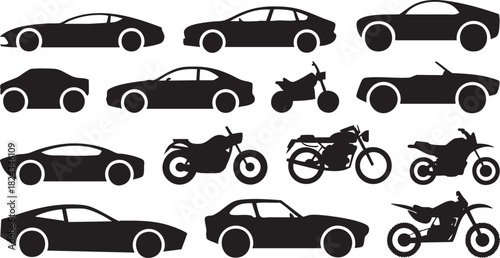 Collection of black car and motorcycle silhouettes on white background automobile vehicle