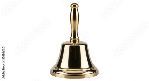 Shiny golden hand bell isolated PNG on transparent background, vintage school service instrument for ringing and celebration