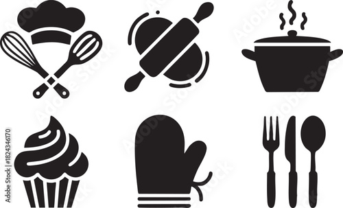 Collection of black cooking and baking icons including chef hat whisk fork pot cupcake oven mitt and cutlery