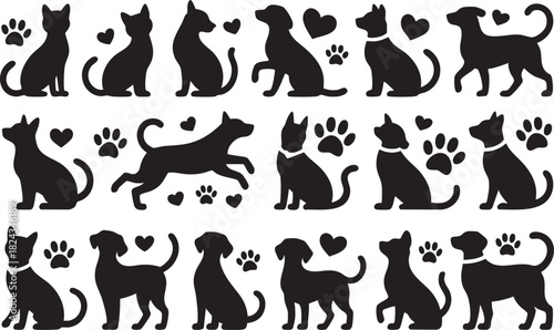 Collection of black cat and dog silhouettes with paw prints and hearts white