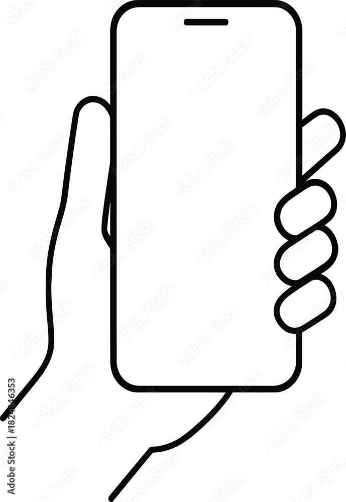 Obraz premium Hand Holding Smartphone in Minimal Outline Style Showing Mobile Interaction and Modern UX Concept for Digital Applications